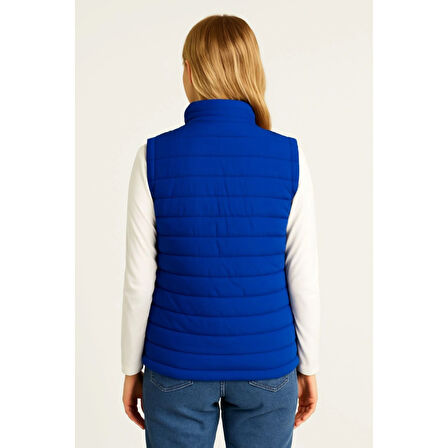 Lucky Life Kadın Şişme FermuarlıYelek Su Itici Kapitone Astarlı Kumaş Cepli Hafif Kışlık Spor Rahat Kalıp - Saks Mavisi