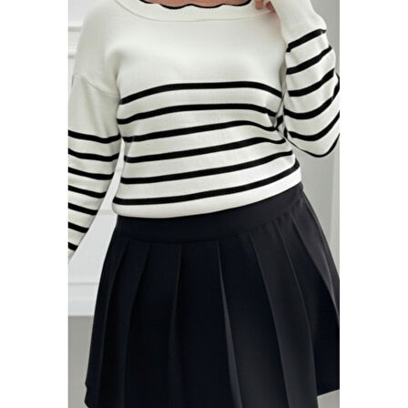 Lucky Life Kadın Beyaz Sırt Bağlama Detaylı çizgi Desen Triko Bluz