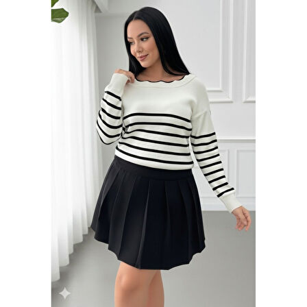 Lucky Life Kadın Beyaz Sırt Bağlama Detaylı çizgi Desen Triko Bluz