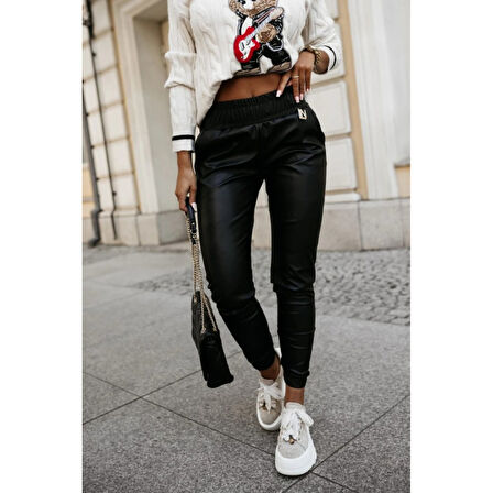 Lucky Life Kadın Yüksek Bel Lastikli Cepli Deri Pantolon