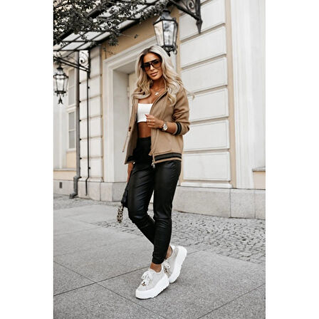 Lucky Life Kadın Yüksek Bel Lastikli Cepli Deri Pantolon