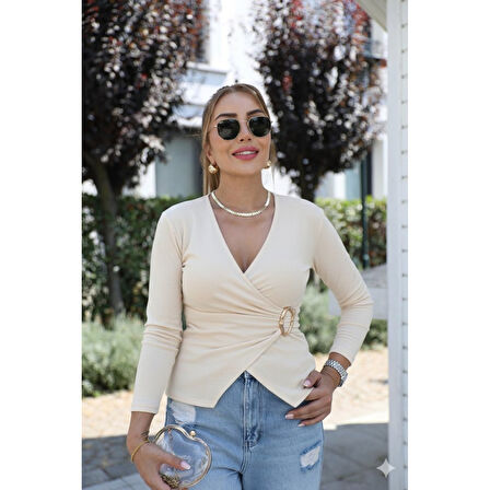 Lucky Life Kadın Uzun Kollu Kruvaze Yakalı Toka Detaylı Viskon Bluz