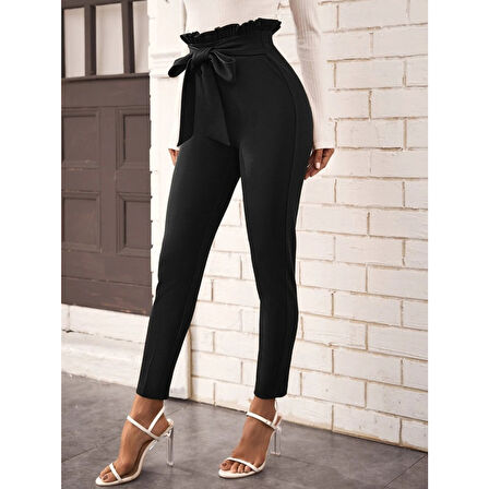 Lucky Life Kadın Yüksek Bel Beli Fırfırlı önden Bağlamalı Ithal Krep Pantolon
