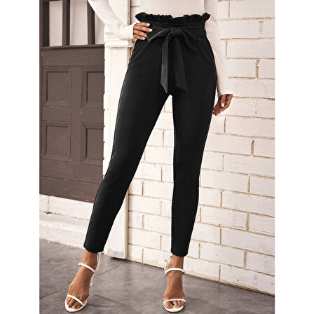 Lucky Life Kadın Yüksek Bel Beli Fırfırlı önden Bağlamalı Ithal Krep Pantolon