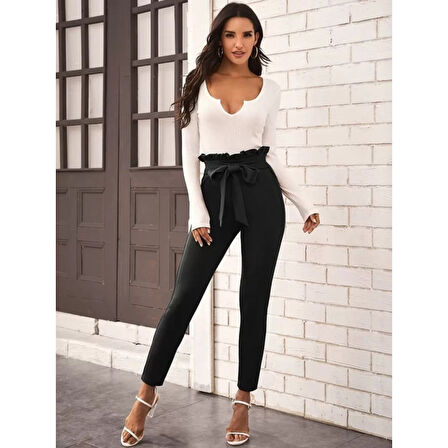Lucky Life Kadın Yüksek Bel Beli Fırfırlı önden Bağlamalı Ithal Krep Pantolon
