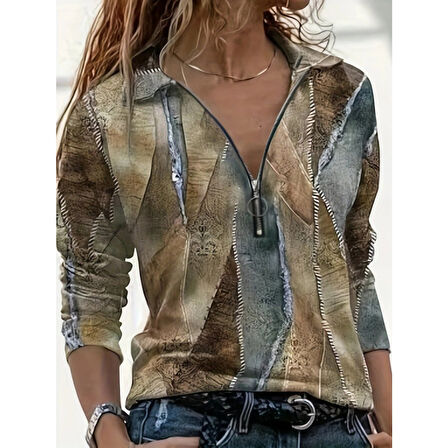 Lucky Life Kadın Uzun Kollu önden Fermuarlı Iki Iplik Bluz