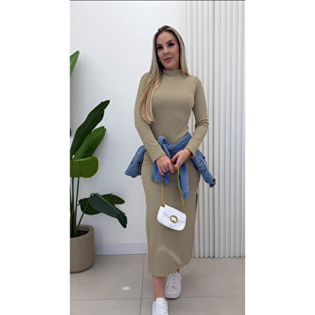 Lucky Life Kadın Uzun Kollu Balıkçı Yakalı Yanlardan Yırtmaçlı Kaşkorse Maxi Elbise