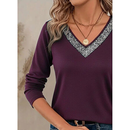 Lucky Life Kadın Uzun Kollu V Payet Yakalı Viskon Mürdüm Bluz