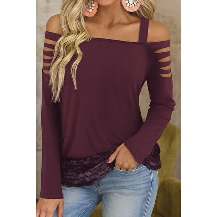 Lucky Life Kadın Uzun Lazer Kesik Detaylı Askılı Viskon Iki Iplik Bluz