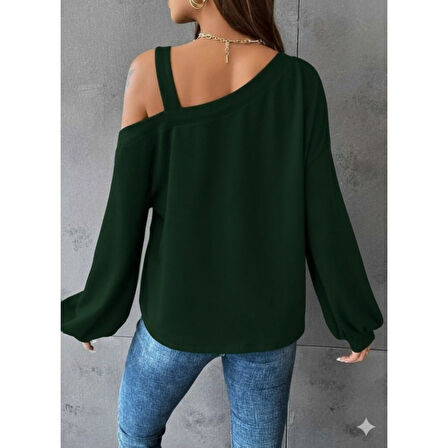 Lucky Life Kadın Uzun Kollu Tek Omuz Askı Detay Salaş Viskon Iki Iplik Bluz