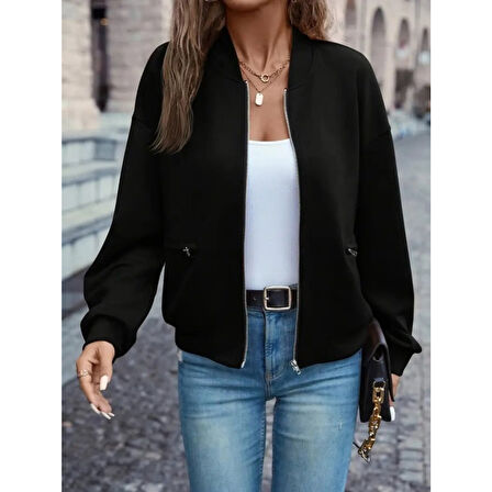 Lucky Life Kadın Uzun Kollu önden Fermuarlı Cepli Modal Ceket