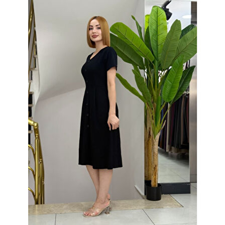 Lucky Life Kadın Kısa Kollu V Yakalı önden Düğmeli A Kesim Dokuma Elbise