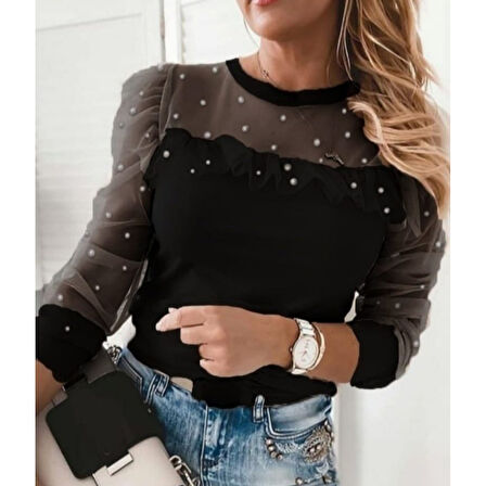 Lucky Life Kadın Uzun Kollu Inci Detaylı Tüllü Viskon Bluz