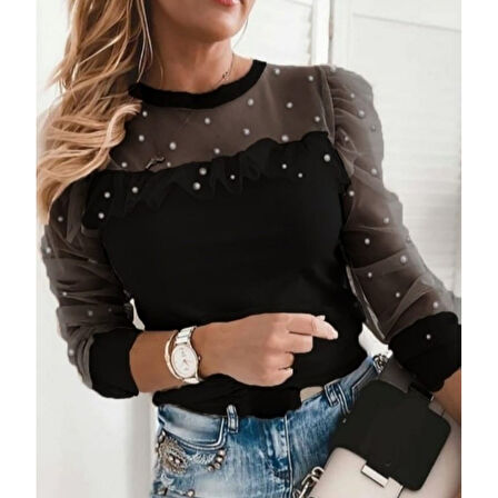 Lucky Life Kadın Uzun Kollu Inci Detaylı Tüllü Viskon Bluz