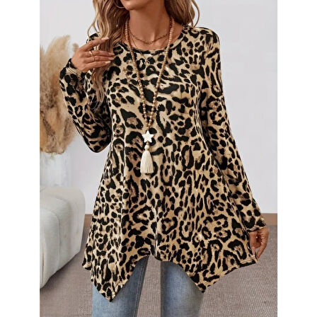 Lucky Life Kadın Uzun Kollu Bisiklet Yaka Leopar Desenli Süprem Bluz