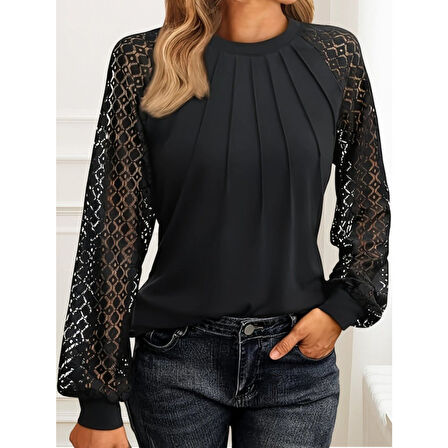 Lucky Life Kadın Uzun Kollu Yarı Balıkçı Yaka önü Nervürlü Viskon Iki Iplik Bluz