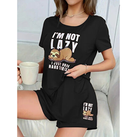 Lucky Life Kadın Kısa Kollu Bisiklet Yaka Baskılı Viskon Bluz Ve şort Ikili Takım