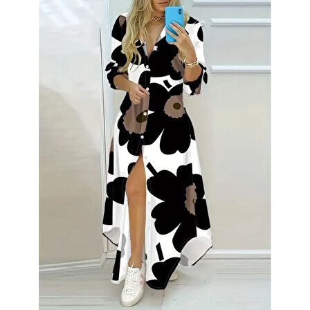 Lucky Life Kadın Yakalı önden Düğmeli çiçek Desenli Uzun Süprem Elbise