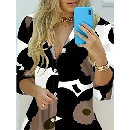 Lucky Life Kadın Yakalı önden Düğmeli çiçek Desenli Uzun Süprem Elbise