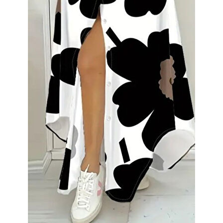 Lucky Life Kadın Yakalı önden Düğmeli çiçek Desenli Uzun Süprem Elbise