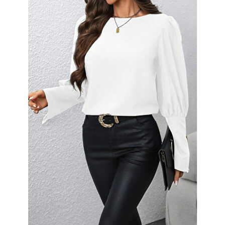 Lucky Life Kadın Uzun Kollu Bisiklet Yaka Fermuar Detaylı Ithal Krep Bluz