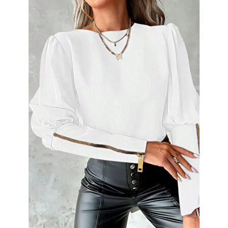 Lucky Life Kadın Uzun Kollu Bisiklet Yaka Fermuar Detaylı Ithal Krep Bluz