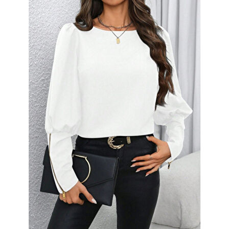 Lucky Life Kadın Uzun Kollu Bisiklet Yaka Fermuar Detaylı Ithal Krep Bluz