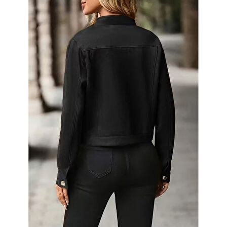 Lucky Life Kadın Uzun Kollu önden Düğmeli Kısa Süet Ceket