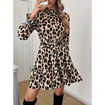 Lucky Life Kadın Uzun Kollu Yarı Balıkçı Yaka Leopar Desenli Modal Mini Elbise