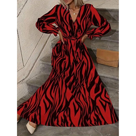 Lucky Life Kadın Uzun Kollu Kruvaze Yakalı Kuşaklı Zebra Desenli Süprem Maxi Elbise