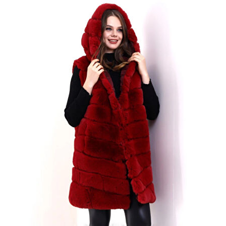 Lucky Life Kapşonlu Peluş Kürk Yelek Premium Kalite, Tam Astarlı, Uzun Model - Kırmızı