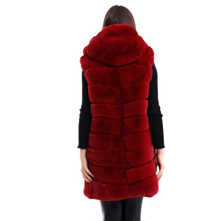 Lucky Life Kapşonlu Peluş Kürk Yelek Premium Kalite, Tam Astarlı, Uzun Model - Kırmızı