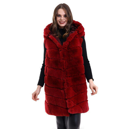 Lucky Life Kapşonlu Peluş Kürk Yelek Premium Kalite, Tam Astarlı, Uzun Model - Kırmızı