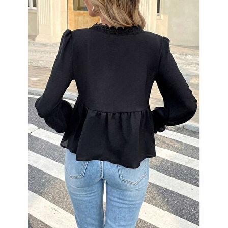 Lucky Life Lucky Life Kadın Uzun Kollu V Dantel Yaka Aerobin Bluz