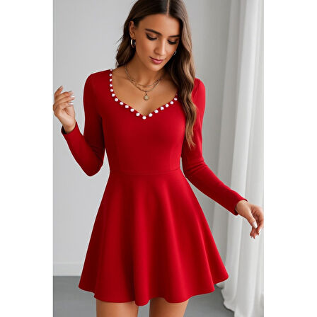 LUCKY LİFE Kadın Uzun Kollu Inci Yakalı Kısa Ithal Krep Elbise