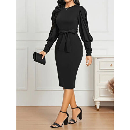 Lucky Life Kadın Uzun Kollu Bisiklet Yaka Beli Kuşaklı Ithal Krep Midi Elbise