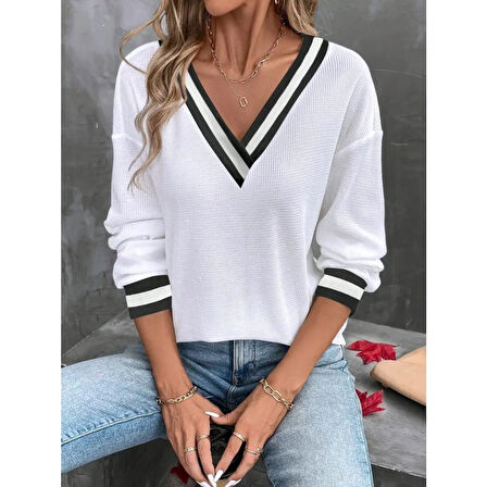 Lucky Life Kadın Uzun Kollu V Yakalı Waffle Bluz