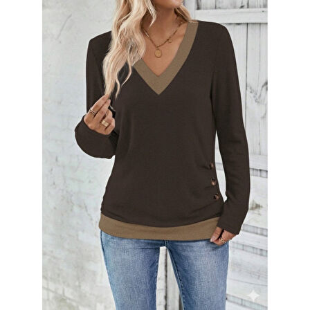 Lucky Life Kadın Uzun Kollu V Yakalı Yandan Düğmeli Yün Viskon Bluz