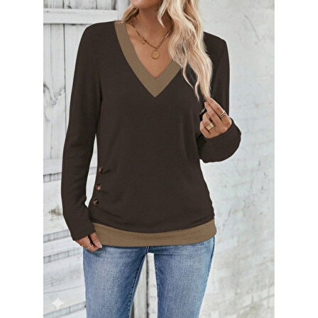 Lucky Life Kadın Uzun Kollu V Yakalı Yandan Düğmeli Yün Viskon Bluz