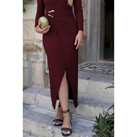 Lucky Life Kadın Uzun Kollu önden çapraz Detaylı Yandan Toka Detaylı Uzun Sandy Elbise