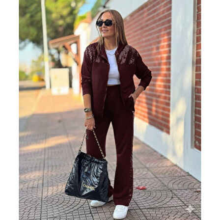 Lucky Life Kadın Uzun Kollu önden Fermuarlı Pul Payetli Alt üst Viskon Iki Iplik Takım