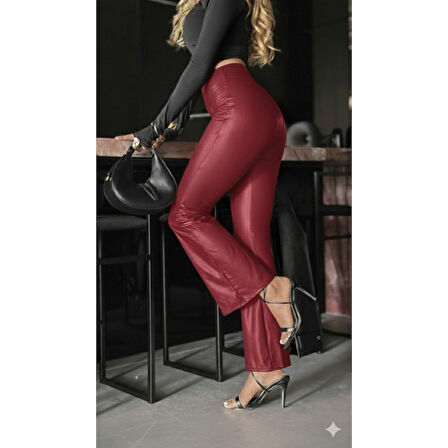 Lucky Life Kadın Yüksek Bel Paçaya Doğru Geniş Deri Pantolon