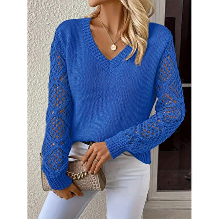 Lucky Life Lucky Life Kadın Uzun Kollu V Yaka Kol Delikli Baklava Desen Detaylı Triko Kazak