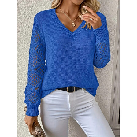 Lucky Life Lucky Life Kadın Uzun Kollu V Yaka Kol Delikli Baklava Desen Detaylı Triko Kazak
