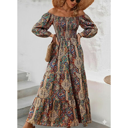 Lucky Life Kadın Düşük Omuzlu Beli Büzgülü Dijital Desenli Kesik Elyaf Süprem Uzun Elbise