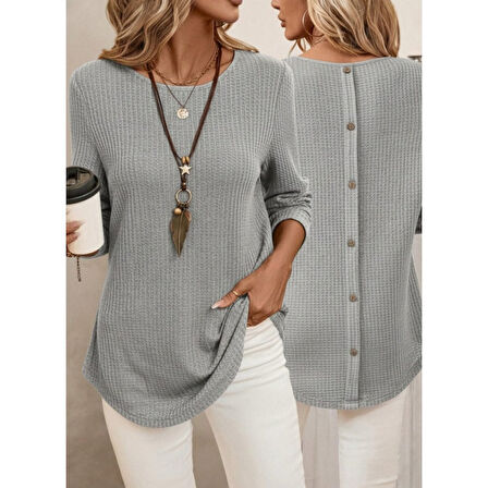 Lucky Life Kadın Uzun Kollu Yuvarlak Yaka Arkadan Düğmeli Waffle Bluz