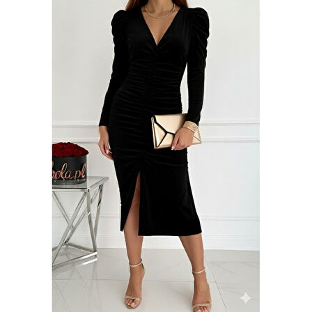 Lucky Life Kadın Uzun Kollu Derin Kruvaze Yakalı önden Büzgülü Yırtmaç Detaylı Kadife Midi Elbise