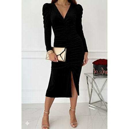 Lucky Life Kadın Uzun Kollu Derin Kruvaze Yakalı önden Büzgülü Yırtmaç Detaylı Kadife Midi Elbise