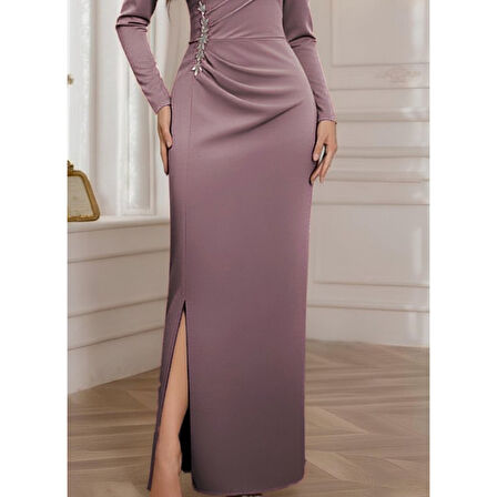 Lucky Life Kadın Uzun Kollu Kruvaze Yakalı Yanları Taşlı Yırtmaçlı Uzun Ithal Krep Elbise