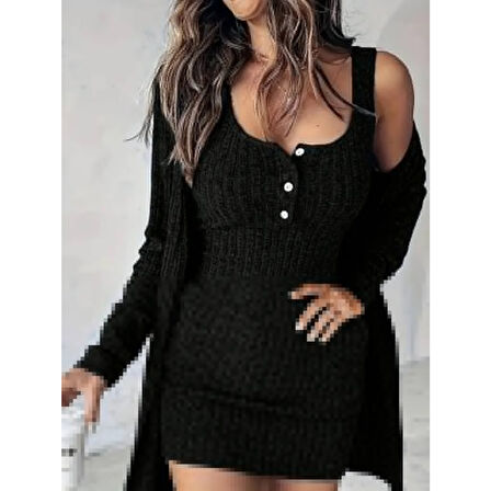 Lucky Life Kadın Askılı Yuvarlak Yakalı önü Düğmeli şardonlu Kaşkorse Mini Elbise Ve Kısa Ceket